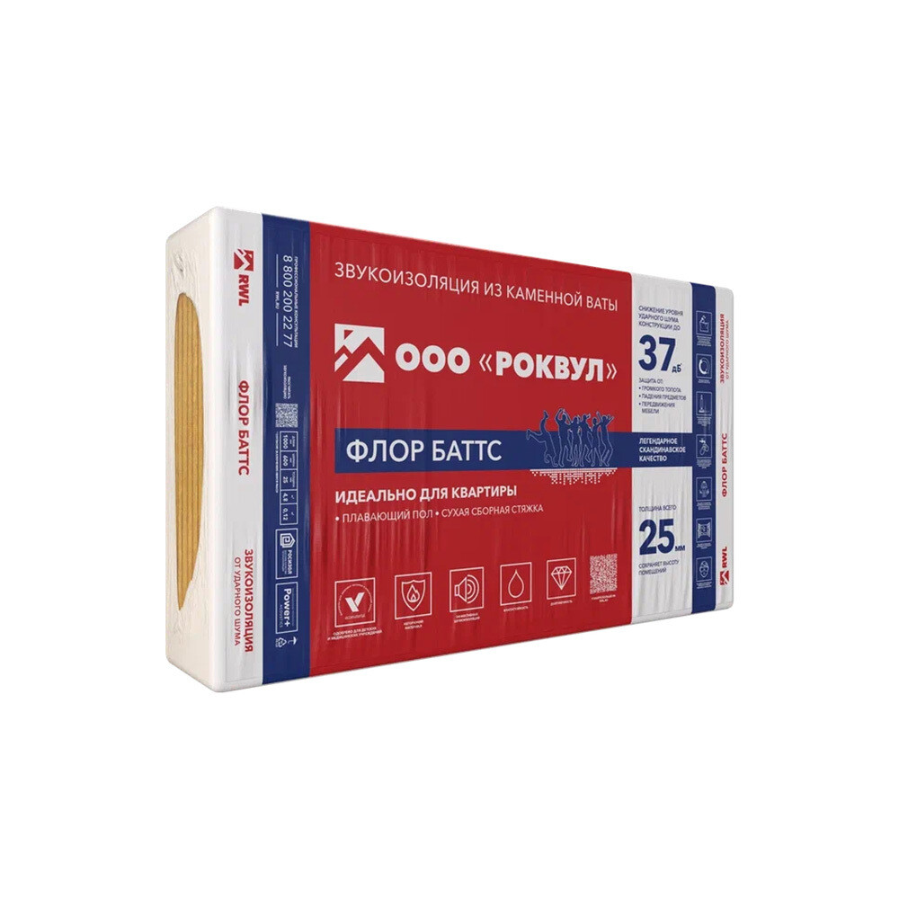 Шумоизоляция Роквул Флор Баттс 25х600х1000 мм 4,8 кв.м
