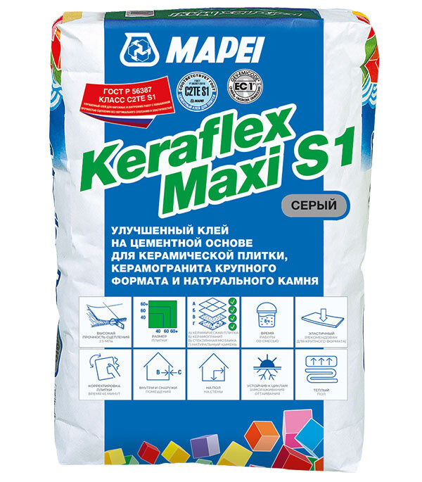Клей для плитки/ керамогранита/ камня Mapei Keraflex Maxi S1 эластичный серый класс C2 TE S1 25 кг
