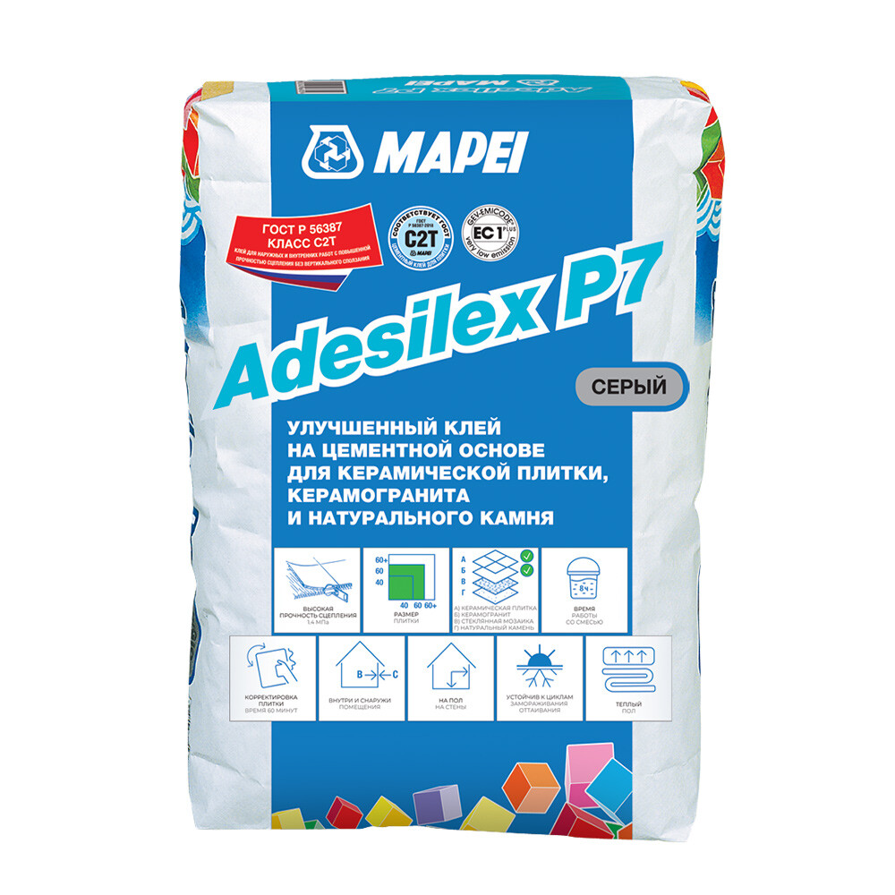 Клей для плитки/ керамогранита/ камня Mapei Adesilex P7 высокопрочный серый класс C2 T 25 кг