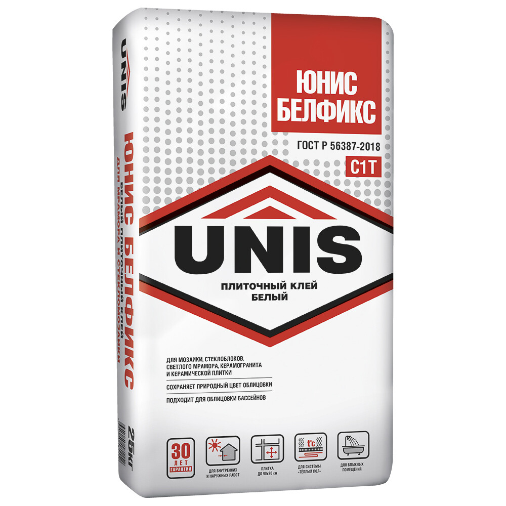 Клей для плитки и керамогранита Unis Белфикс белый класс C1 T 25 кг