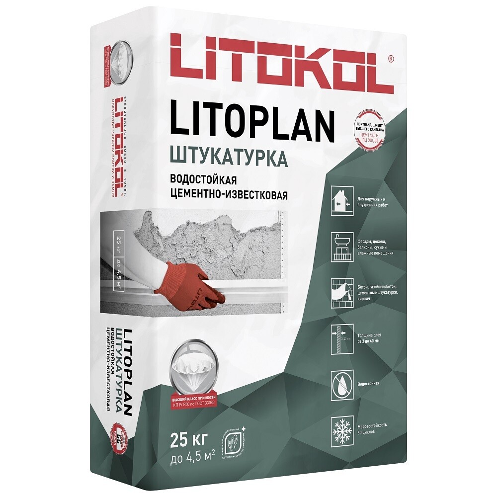 Штукатурка цементная Litokol Litoplan универсальная 25 кг