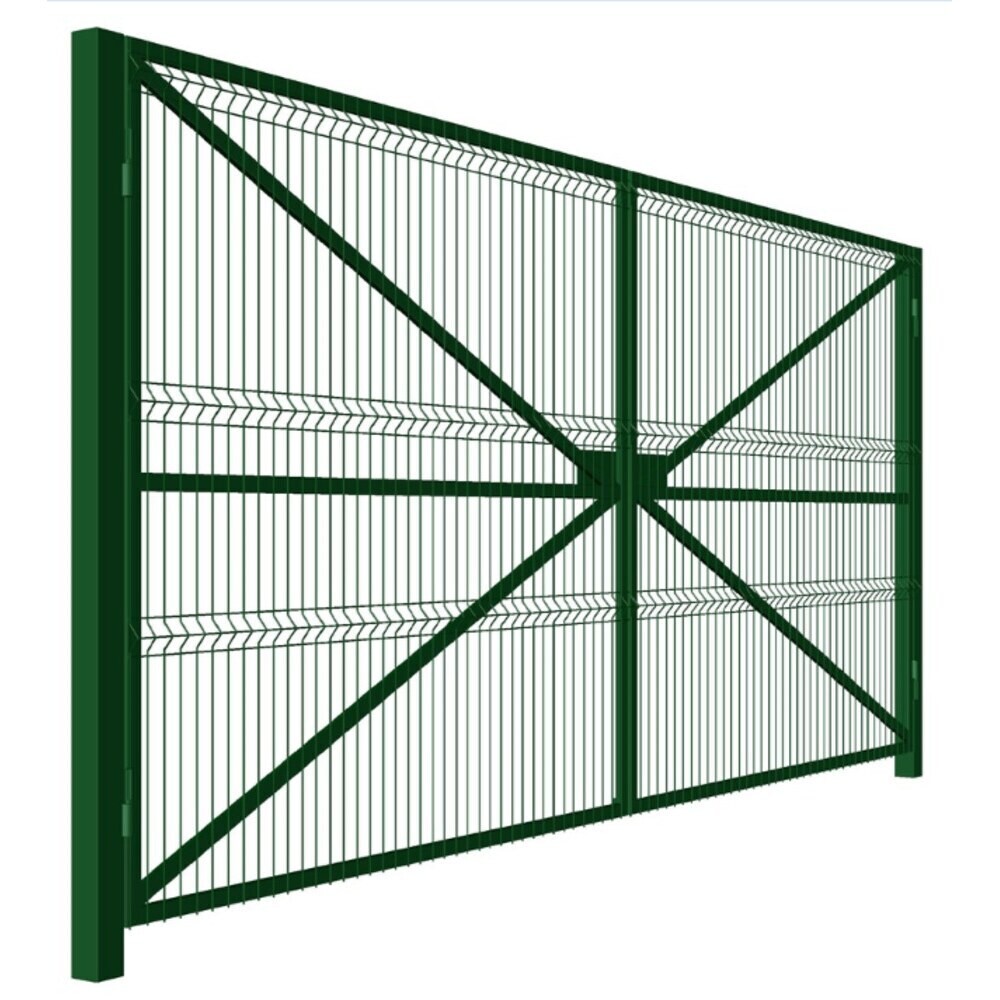 Ворота распашные усиленные с панелью 3D и столбами Оптима 4х2 м зеленые RAL 6005