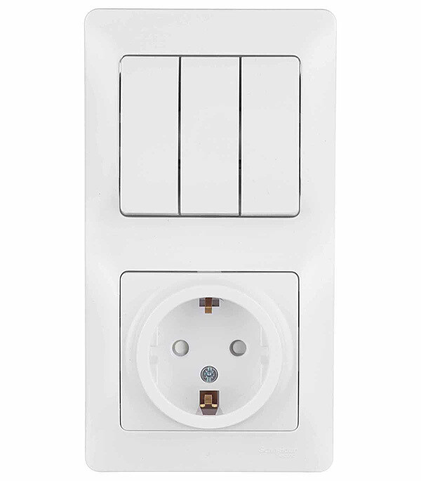 Блок выключатель и розетка Systeme Electric Glossa трехклавишный встраиваемый белый со шторками (GSL000178)