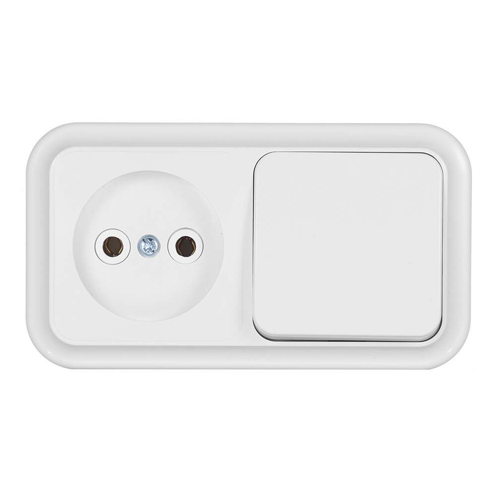 Блок выключатель и розетка Svet одноклавишный накладной белый (EV0362-5140/5675)