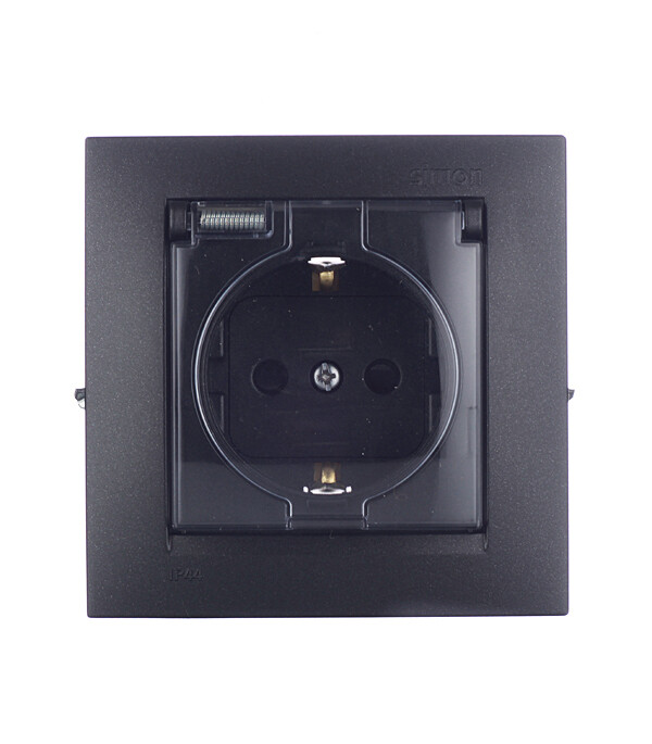 Розетка Simon 15 встраиваемая графит со шторками с крышкой (1590450-038)