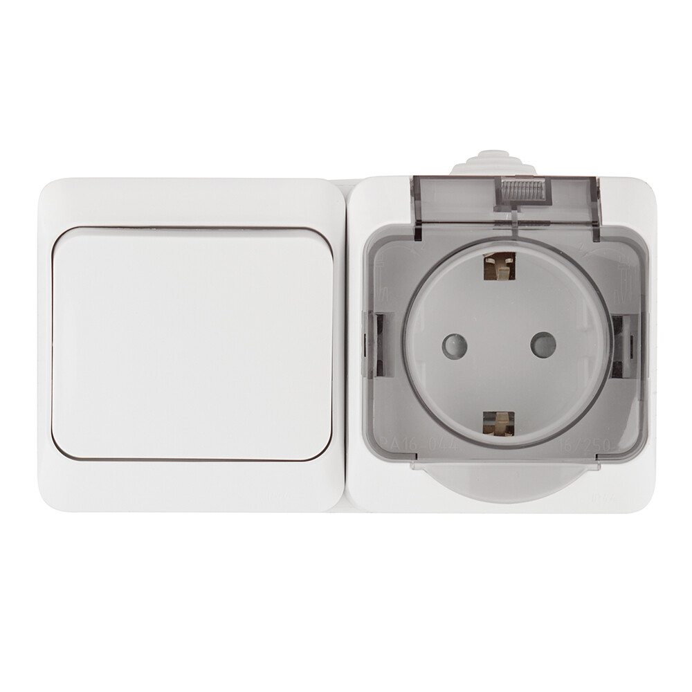 Блок переключатель и розетка Systeme Electric Этюд одноклавишный накладной белый (BPA16-246B)