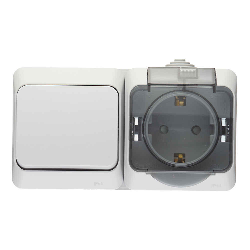 Блок переключатель и розетка Systeme Electric Этюд одноклавишный накладной серый (BPA16-246C)