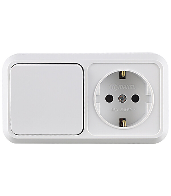 Блок выключатель и розетка Makel Siva Ustu одноклавишный накладной белый (451A1)