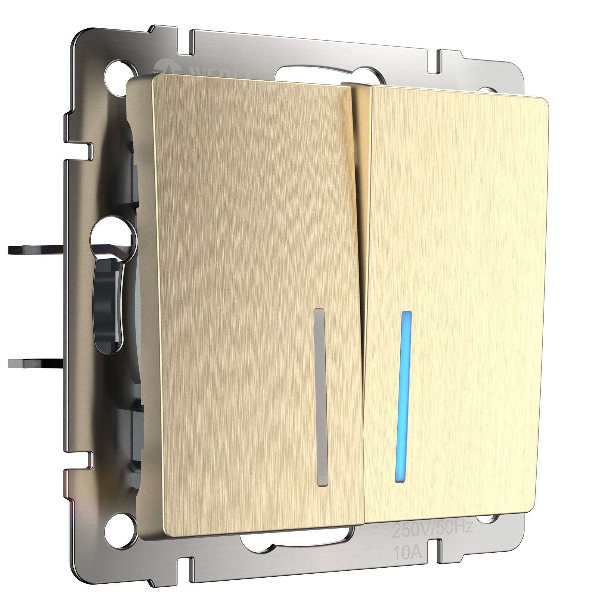 Выключатель Werkel двухклавишный встраиваемый шампань рифленый с подсветкой (a051414)