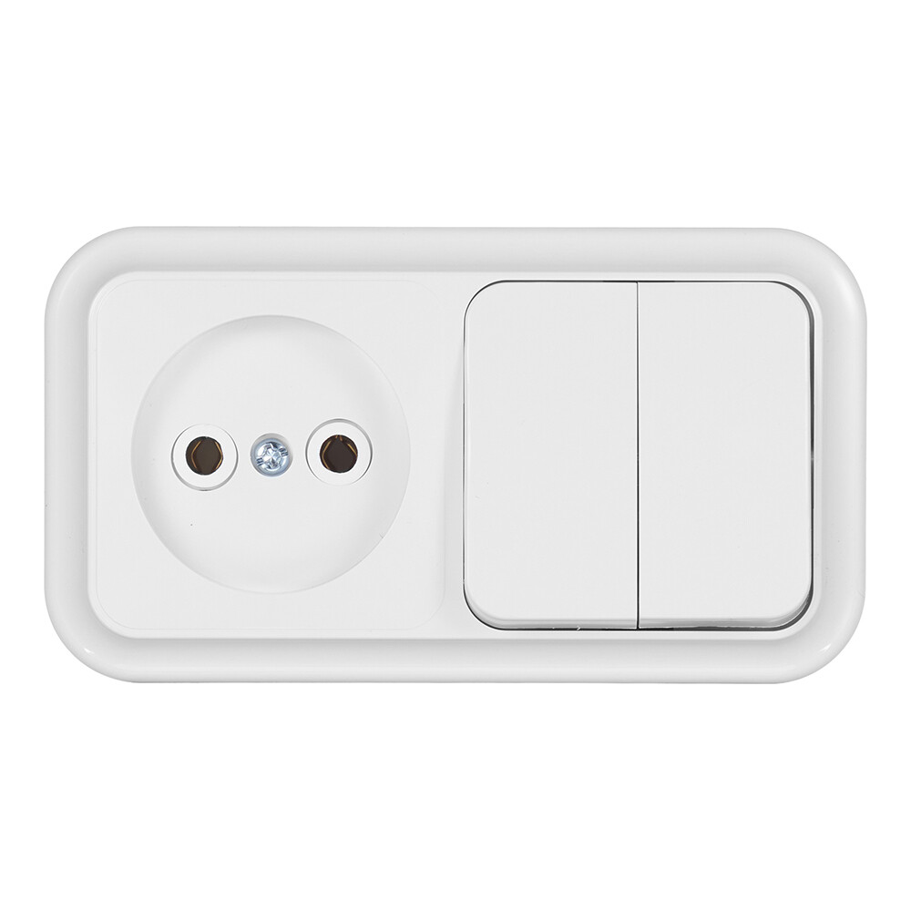 Блок выключатель и розетка Svet двухклавишный накладной белый (EV0362-5240/5705)