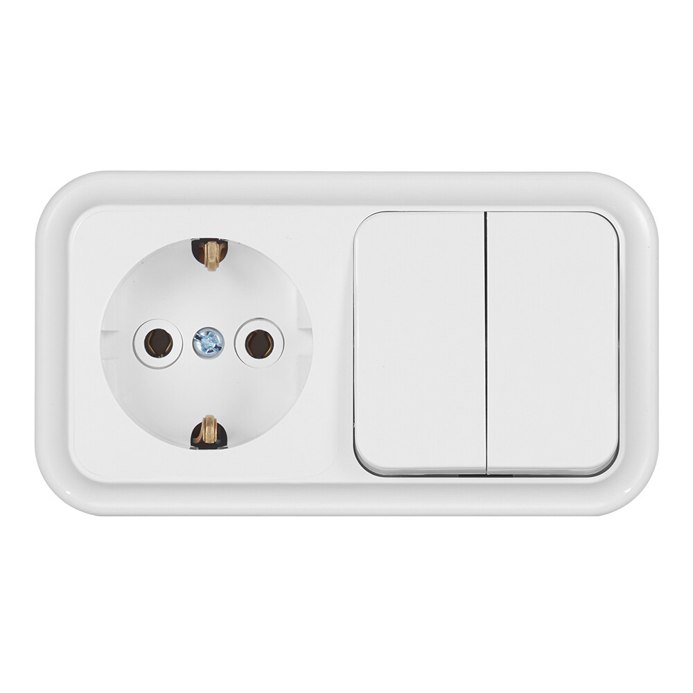 Блок выключатель и розетка Svet двухклавишный накладной белый (EV0362-5220/5767/5765)